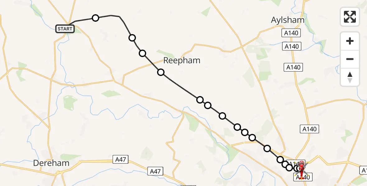 Flight route Air Ambulance Helicopter Breckland - Norwich Airport, 26 June 2026, 05:31