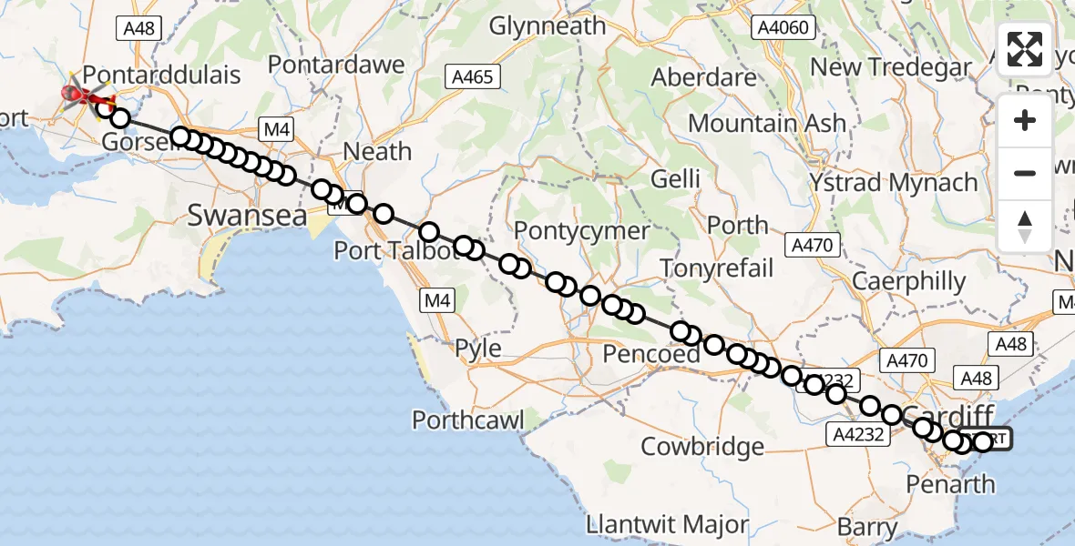 Flight route Air Ambulance Helicopter Cardiff Heliport - Dafen, 26 June 2026, 06:20