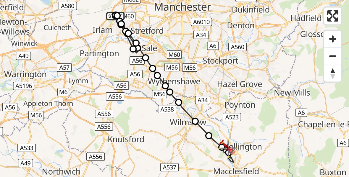 Flight route Air Ambulance Helicopter Manchester Barton Aerodrome - Prestbury, 26 June 2026, 06:36