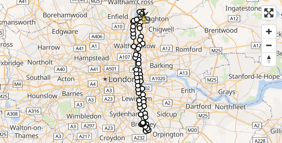Flight route Police Helicopter Sewardstonebury - Metropolitan Police Air Support Unit Lippitts Hill, 26 June 2026, 06:50