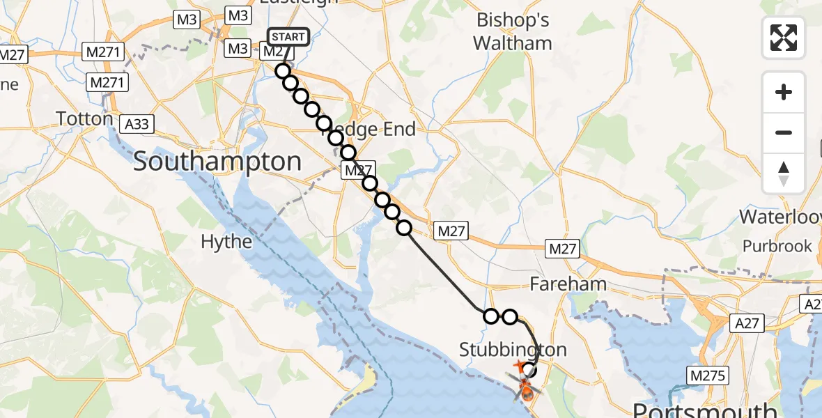 Flight route Coastguard Helicopter Southampton Airport - Solent Airport, 26 June 2026, 07:28