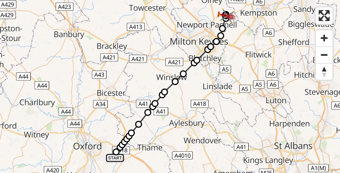 Flight route Air Ambulance Helicopter Cuddesdon - Olney, 26 June 2026, 07:30