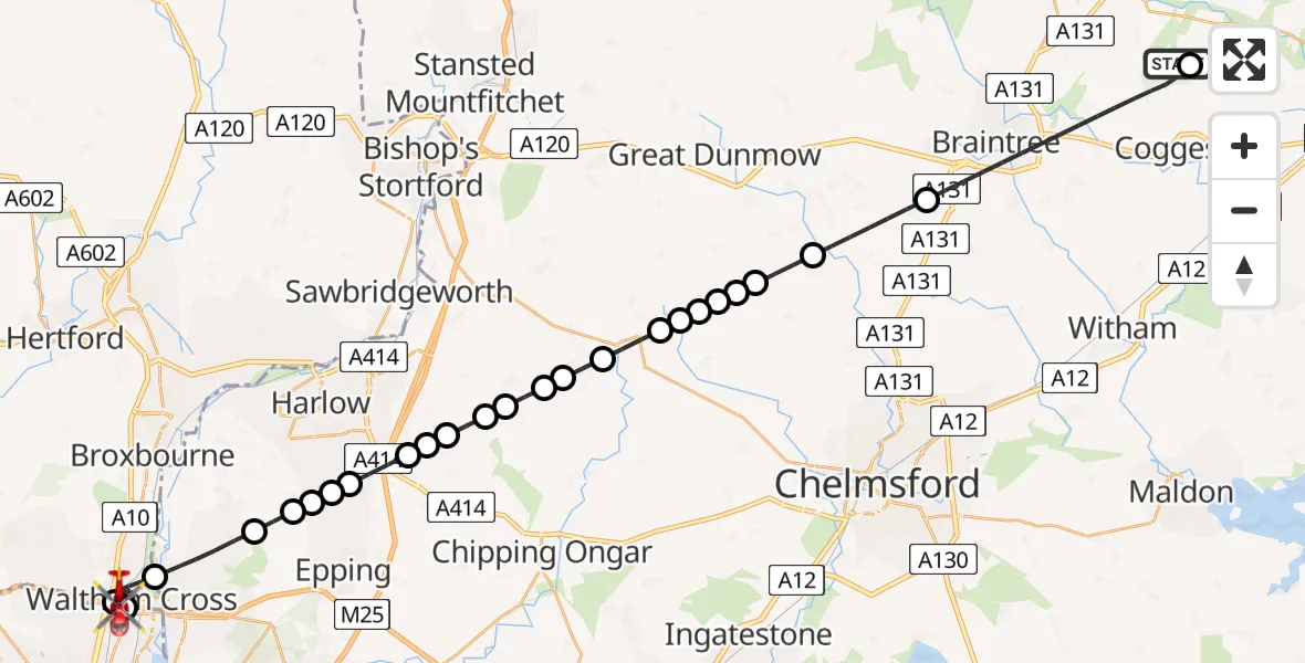 Flight route Air Ambulance Helicopter Earls Colne Airfield - Waltham Cross, 26 June 2026, 07:30