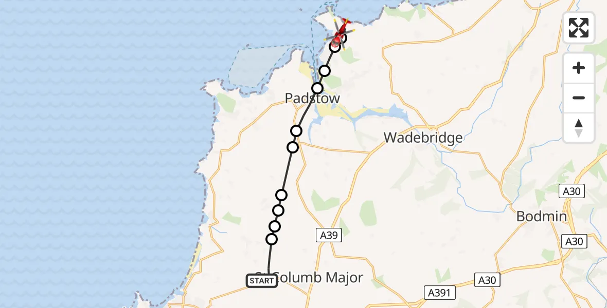 Flight route Air Ambulance Helicopter Cornwall Airport Newquay - New Polzeath, 26 June 2026, 07:39