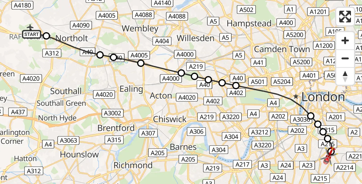 Flight route Air Ambulance Helicopter RAF Northolt - Kings College London Hospital, 26 June 2026, 07:55
