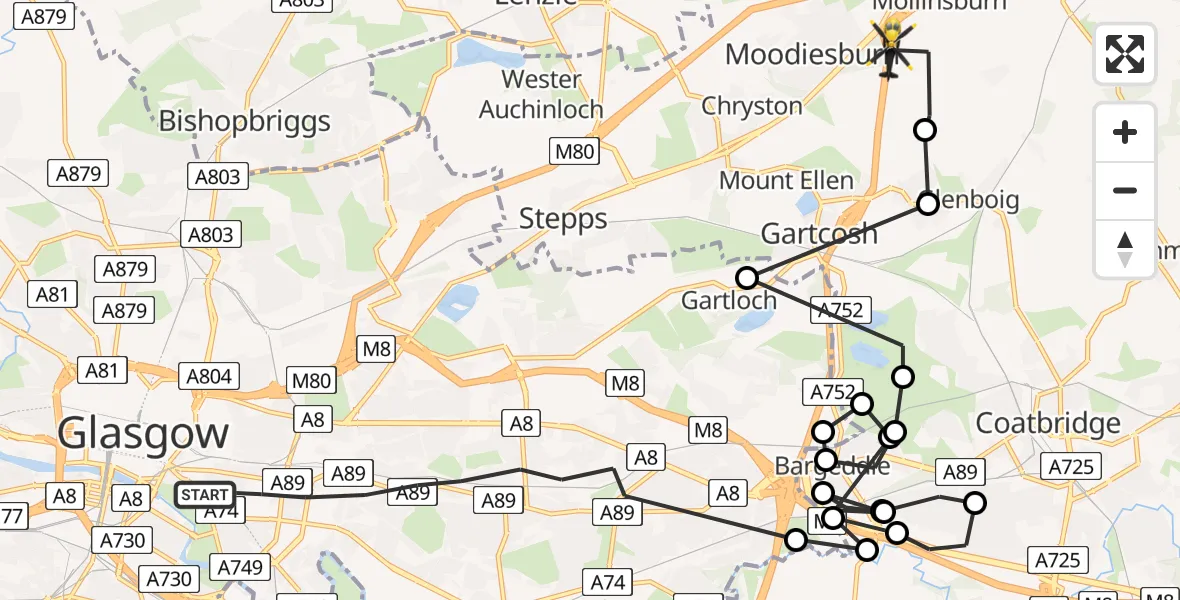Flight route Police Helicopter Glasgow - Moodiesburn, 26 June 2026, 07:57