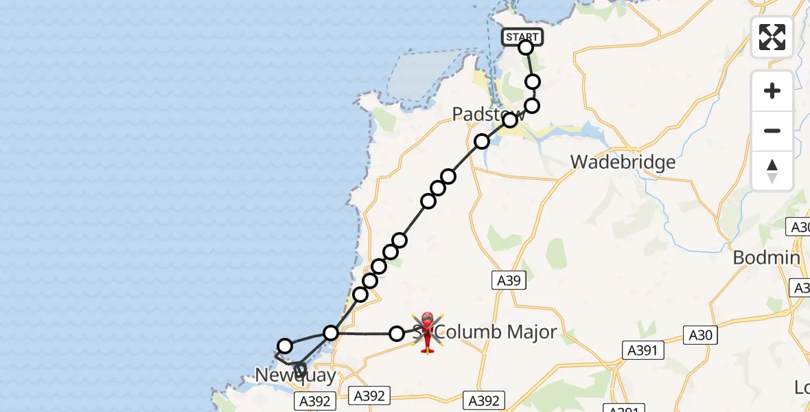 Flight route Air Ambulance Helicopter New Polzeath - Cornwall Airport Newquay, 26 June 2026, 08:07
