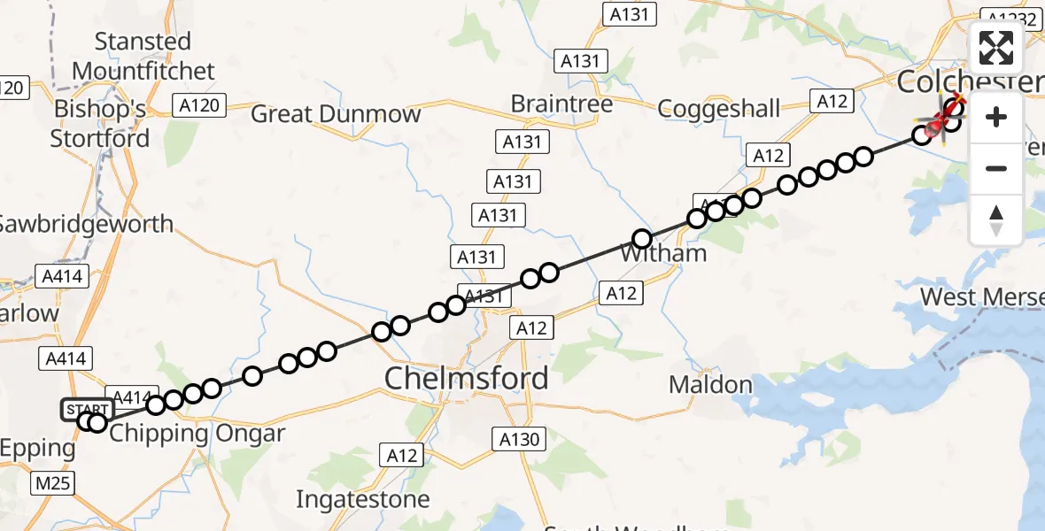 Flight route Air Ambulance Helicopter North Weald Airfield - Colchester, 26 June 2026, 08:29