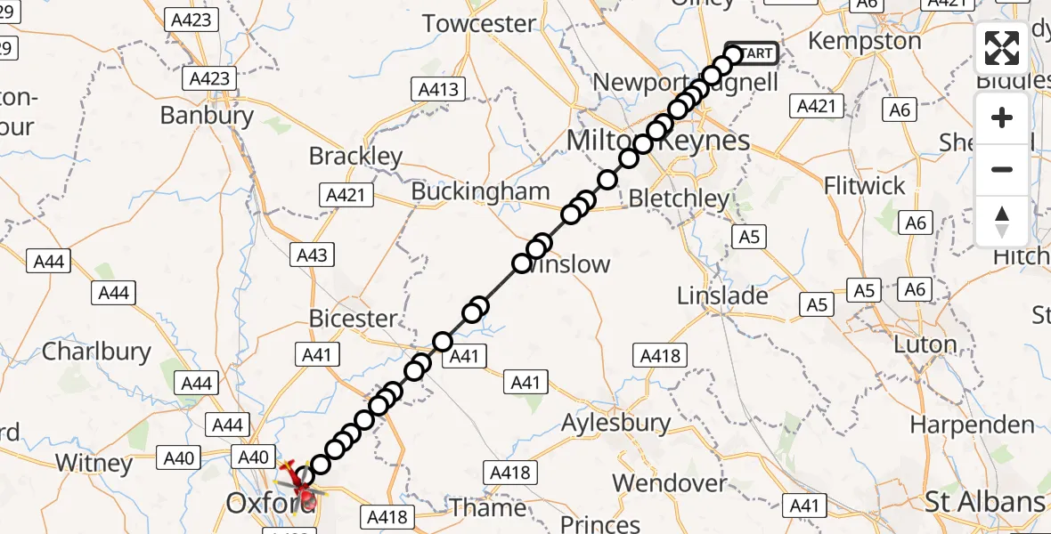 Flight route Air Ambulance Helicopter North Crawley - Oxford, 26 June 2026, 08:40