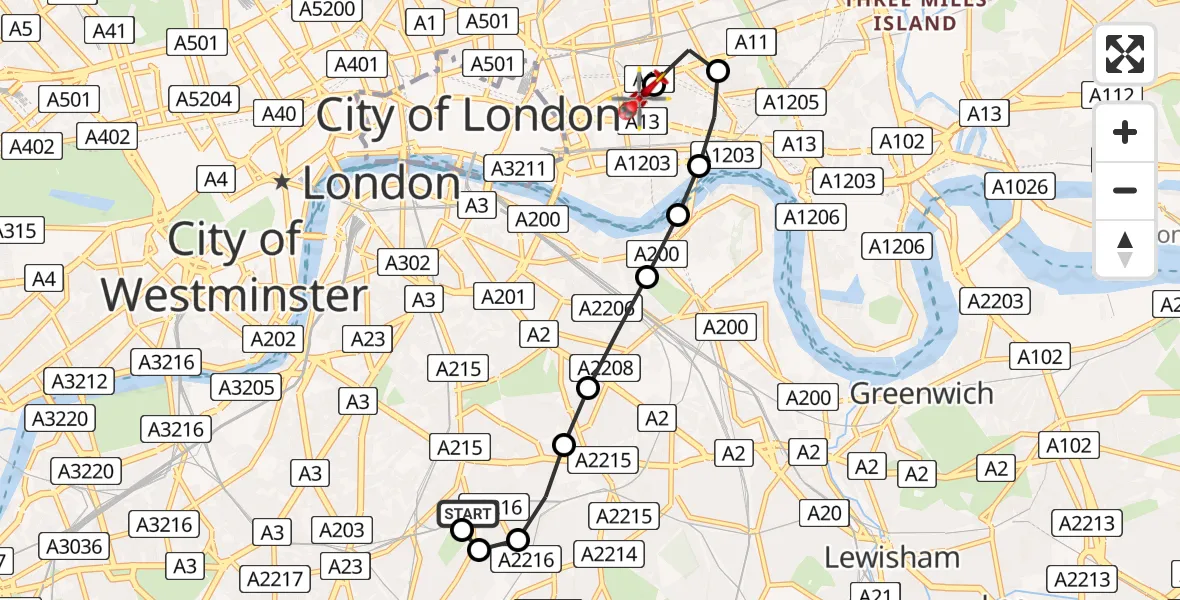 Flight route Air Ambulance Helicopter Kings College London Hospital - Royal London Hospital, 26 June 2026, 08:42