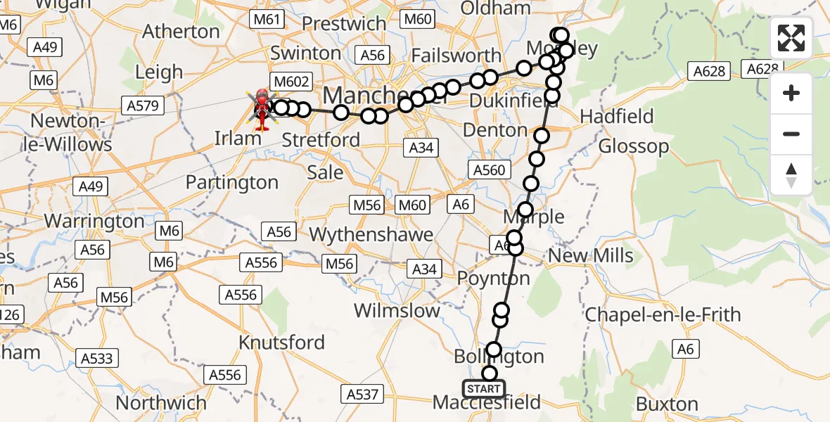 Flight route Air Ambulance Helicopter Macclesfield - Irlam, 26 June 2026, 08:42