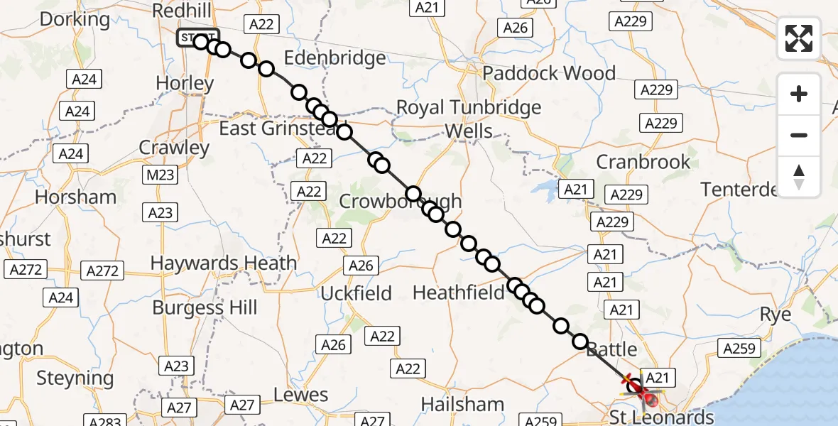 Flight route Air Ambulance Helicopter Redhill Aerodrome - St Leonards, 26 June 2026, 08:58