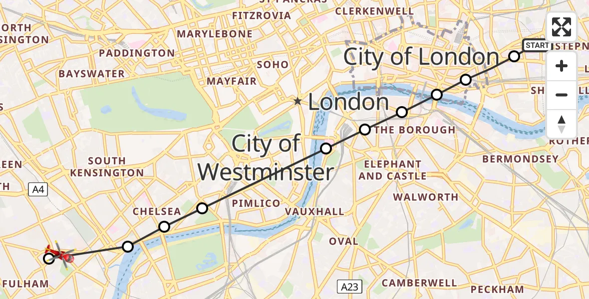 Flight route Air Ambulance Helicopter Royal London Hospital - Fulham, 26 June 2026, 09:05