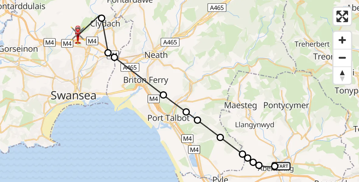 Flight route Air Ambulance Helicopter Sarn - Morriston Hospital Helipad, 26 June 2026, 09:06
