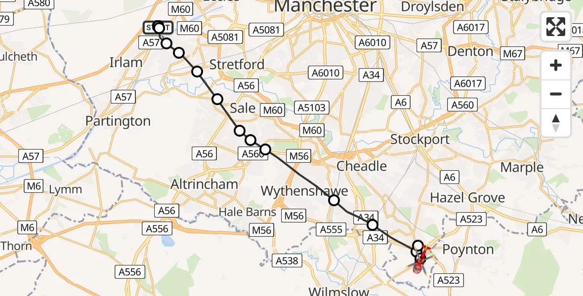 Flight route Air Ambulance Helicopter Manchester Barton Aerodrome - Stockport, 26 June 2026, 09:08