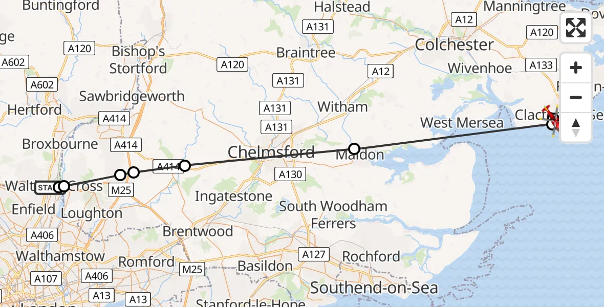 Flight route Air Ambulance Helicopter Waltham Cross - Clacton Airfield, 26 June 2026, 09:08