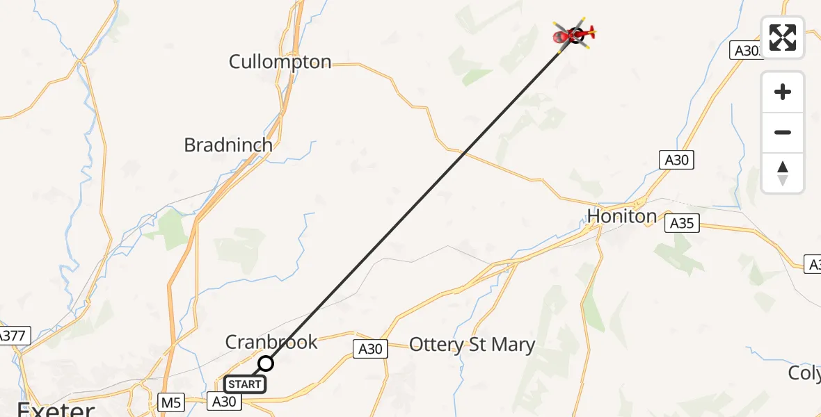 Flight route Air Ambulance Helicopter Exeter International Airport - Dunkeswell, 26 June 2026, 09:14