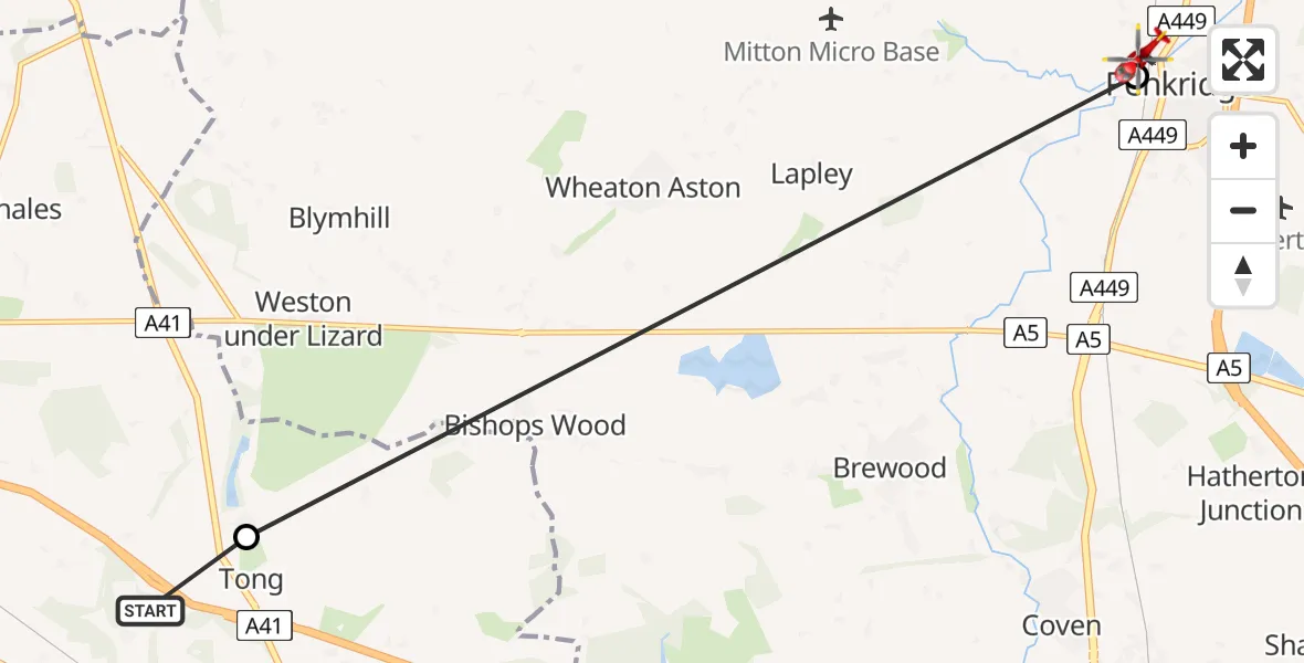 Flight route Air Ambulance Helicopter Tong - Penkridge, 26 June 2026, 09:20