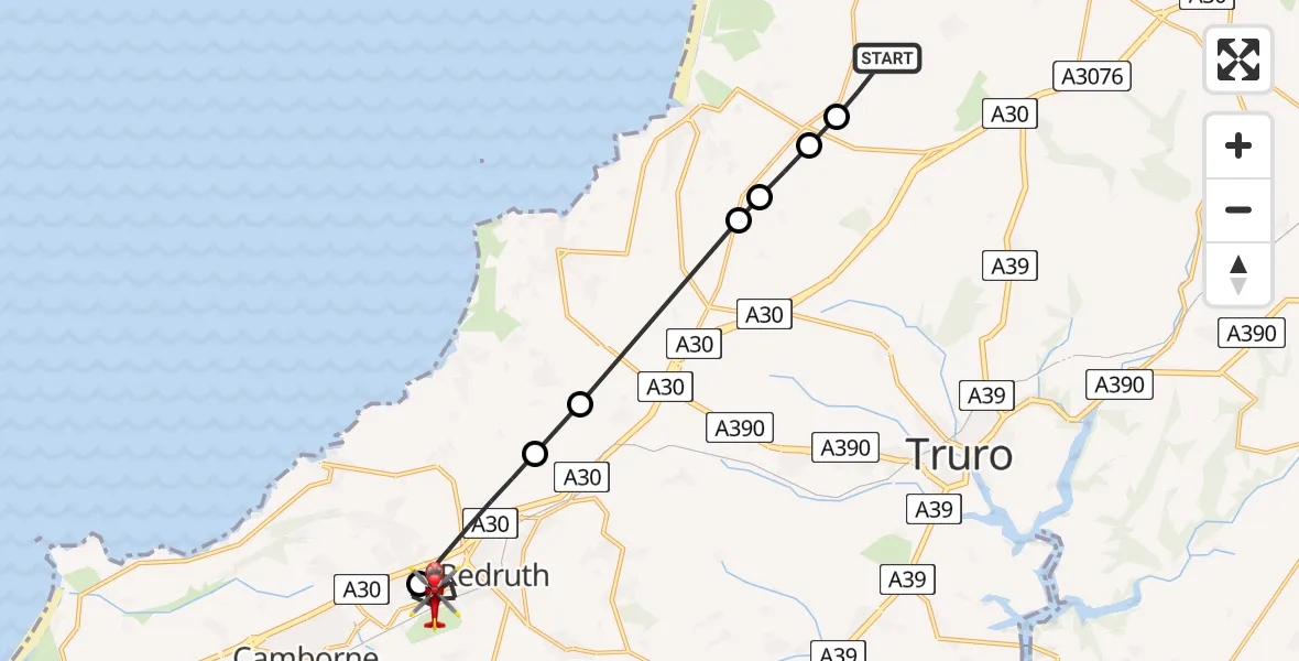Flight route Air Ambulance Helicopter St. Newlyn East - Illogan Highway, 26 June 2026, 09:27