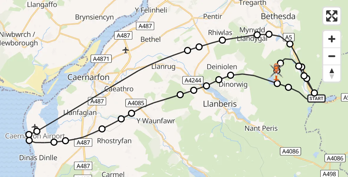 Flight route Coastguard Helicopter Capel Curig - Llanddeiniolen, 26 June 2026, 09:35