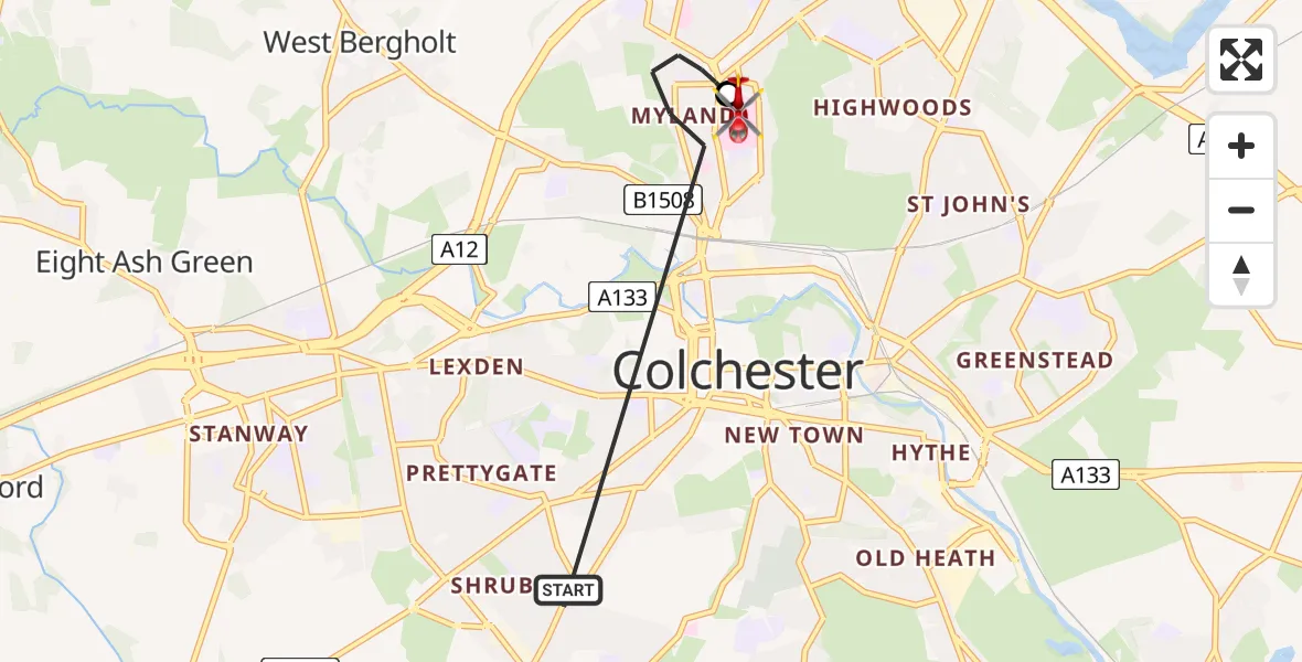 Flight route Air Ambulance Helicopter Colchester - Colchester Hospital, 26 June 2026, 09:38