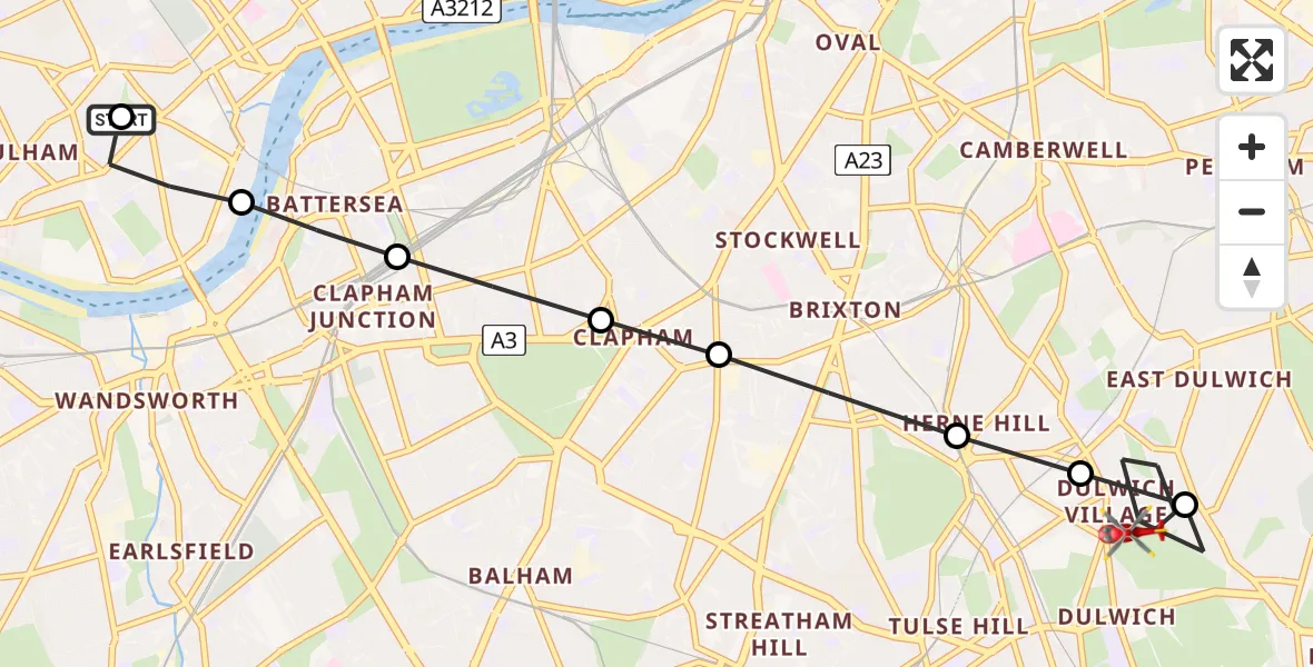 Flight route Air Ambulance Helicopter Fulham - East Dulwich, 26 June 2026, 09:42
