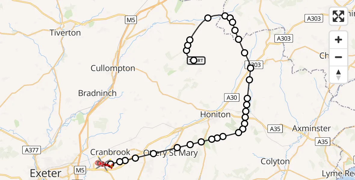Flight route Air Ambulance Helicopter Dunkeswell Airfield - Exeter International Airport, 26 June 2026, 09:49