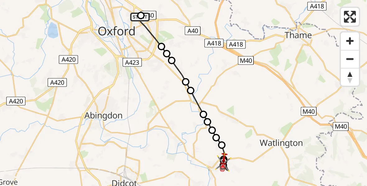 Flight route Air Ambulance Helicopter John Radcliffe Hospital - Benson, 26 June 2026, 09:50