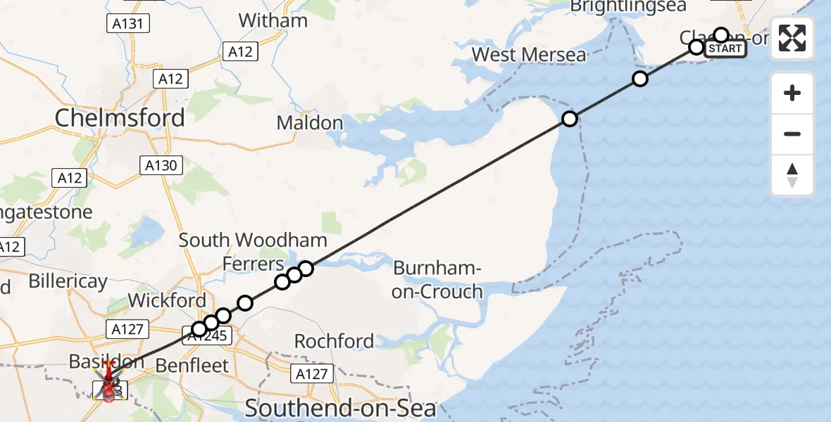 Flight route Air Ambulance Helicopter Clacton Airfield - Basildon, 26 June 2026, 09:56