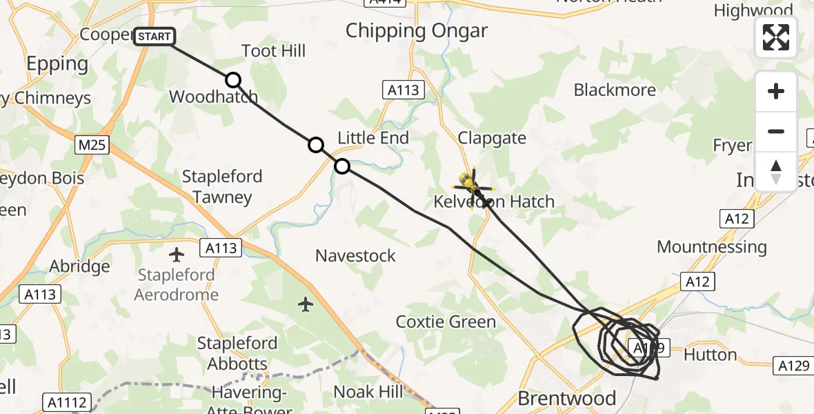 Flight route Police Helicopter Coopersale - Brentwood, 26 June 2026, 10:07