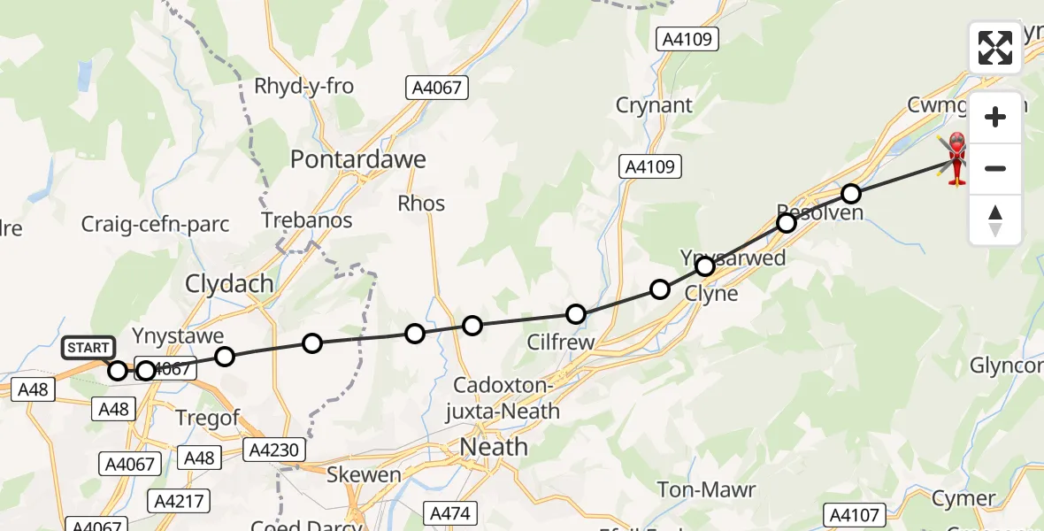 Flight route Air Ambulance Helicopter Morriston Hospital Helipad - Cwmgwrach, 26 June 2026, 10:09