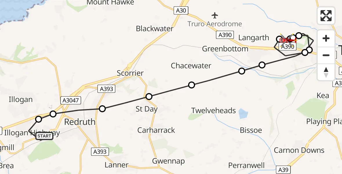 Flight route Air Ambulance Helicopter Illogan Highway - Treliske Hospital, 26 June 2026, 10:13