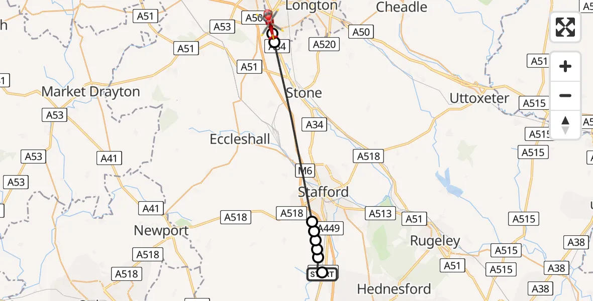 Flight route Air Ambulance Helicopter Penkridge - Stafford, 26 June 2026, 10:18