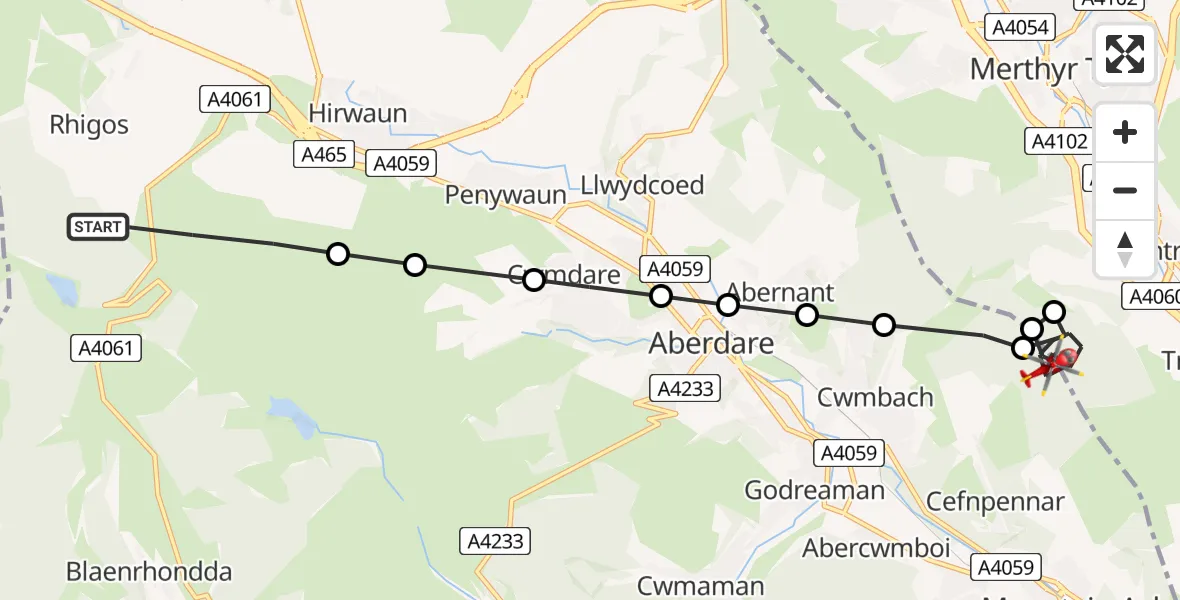 Flight route Air Ambulance Helicopter Rhigos - Abercanaid, 26 June 2026, 10:19