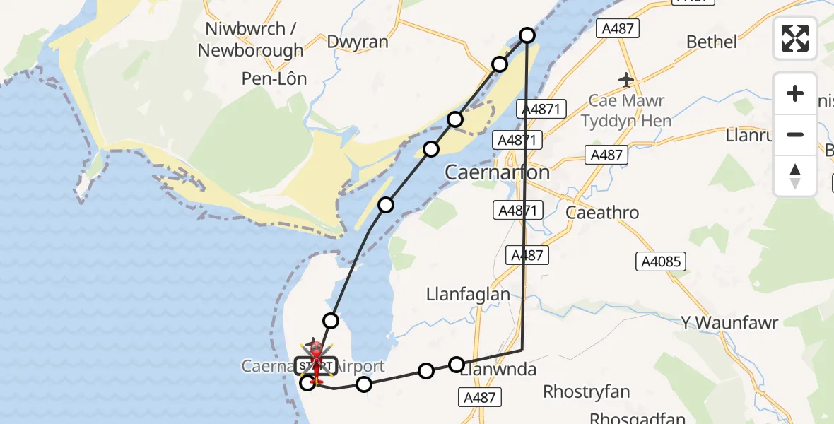 Flight route Air Ambulance Helicopter Caernarfon Airport - Caernarfon Airport, 26 June 2026, 10:24