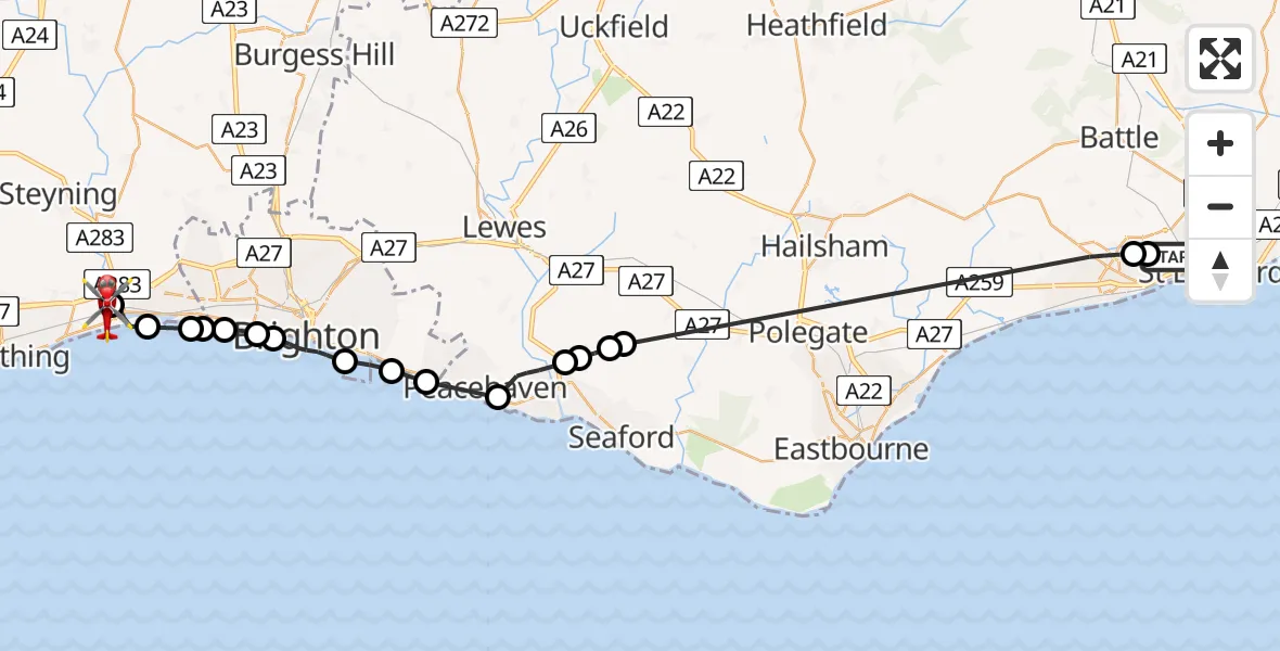 Flight route Air Ambulance Helicopter St Leonards - Brighton City Airport, 26 June 2026, 10:25