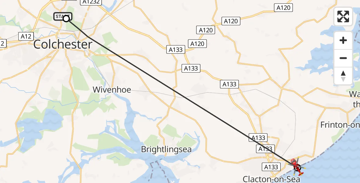Flight route Air Ambulance Helicopter Colchester Hospital - Clacton-on-Sea, 26 June 2026, 10:25
