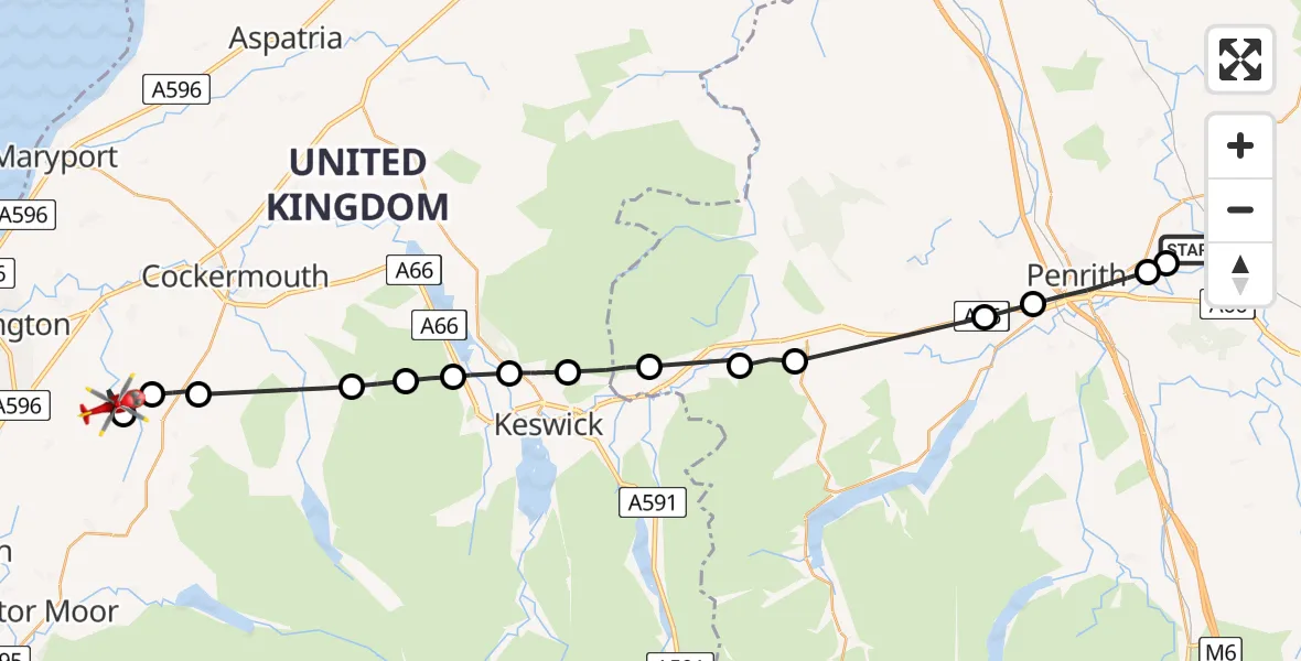 Flight route Air Ambulance Helicopter Langwathby - Branthwaite, 26 June 2026, 10:34