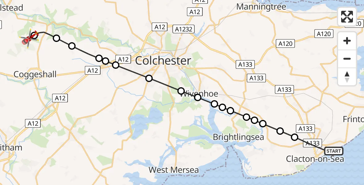 Flight route Air Ambulance Helicopter Clacton-on-Sea - Earls Colne Airfield, 26 June 2026, 10:39