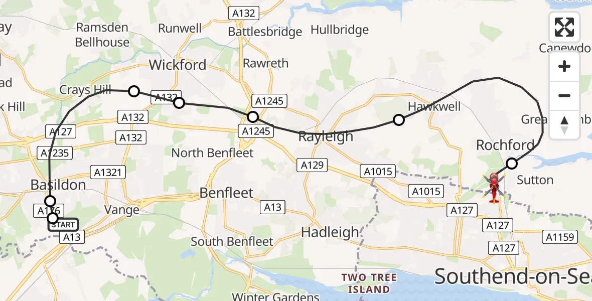 Flight route Air Ambulance Helicopter Basildon - London Southend Airport, 26 June 2026, 10:40