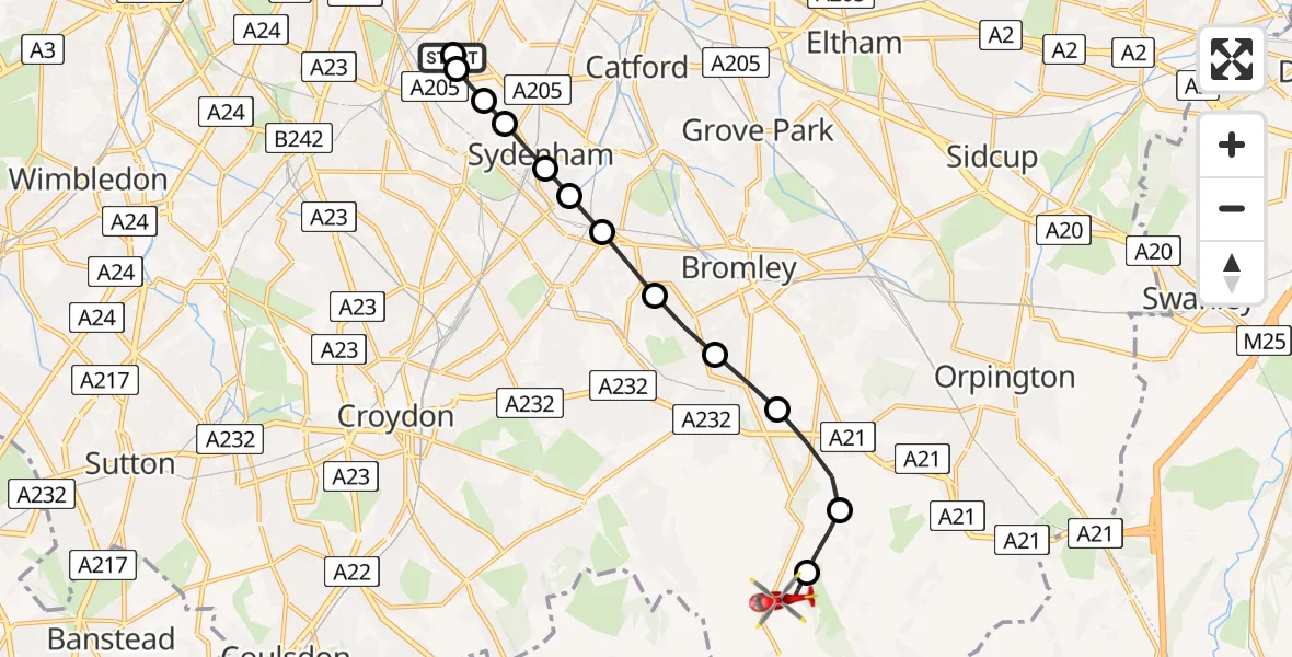Flight route Air Ambulance Helicopter Dulwich Village - London Biggin Hill Airport, 26 June 2026, 10:40