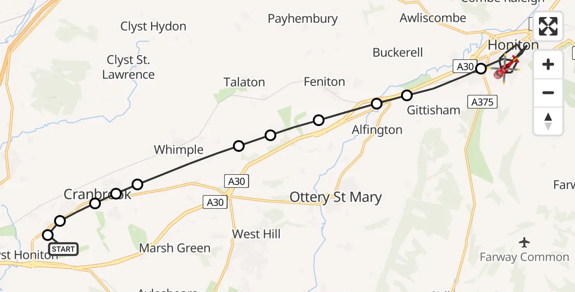 Flight route Air Ambulance Helicopter Exeter International Airport - Honiton, 26 June 2026, 10:46