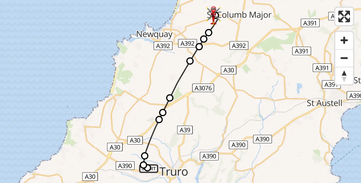 Flight route Air Ambulance Helicopter Treliske Hospital - Cornwall Airport Newquay, 26 June 2026, 10:51