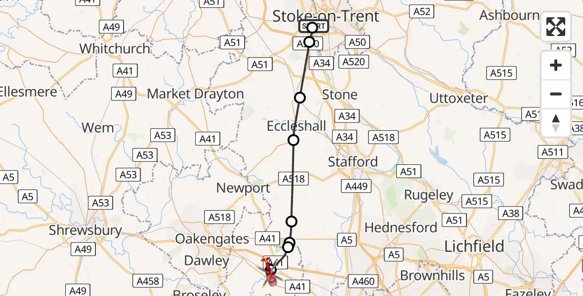 Flight route Air Ambulance Helicopter University Hospital North Staffs - Cosford, 26 June 2026, 11:04