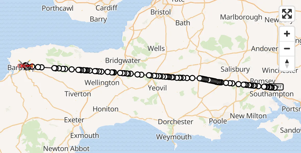 Flight route Air Ambulance Helicopter Southampton Airport - North Devon Hospital, 26 June 2026, 11:06