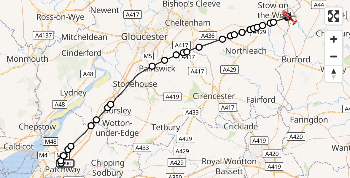 Flight route Air Ambulance Helicopter Almondsbury Helicopter Base - Bledington, 26 June 2026, 11:12