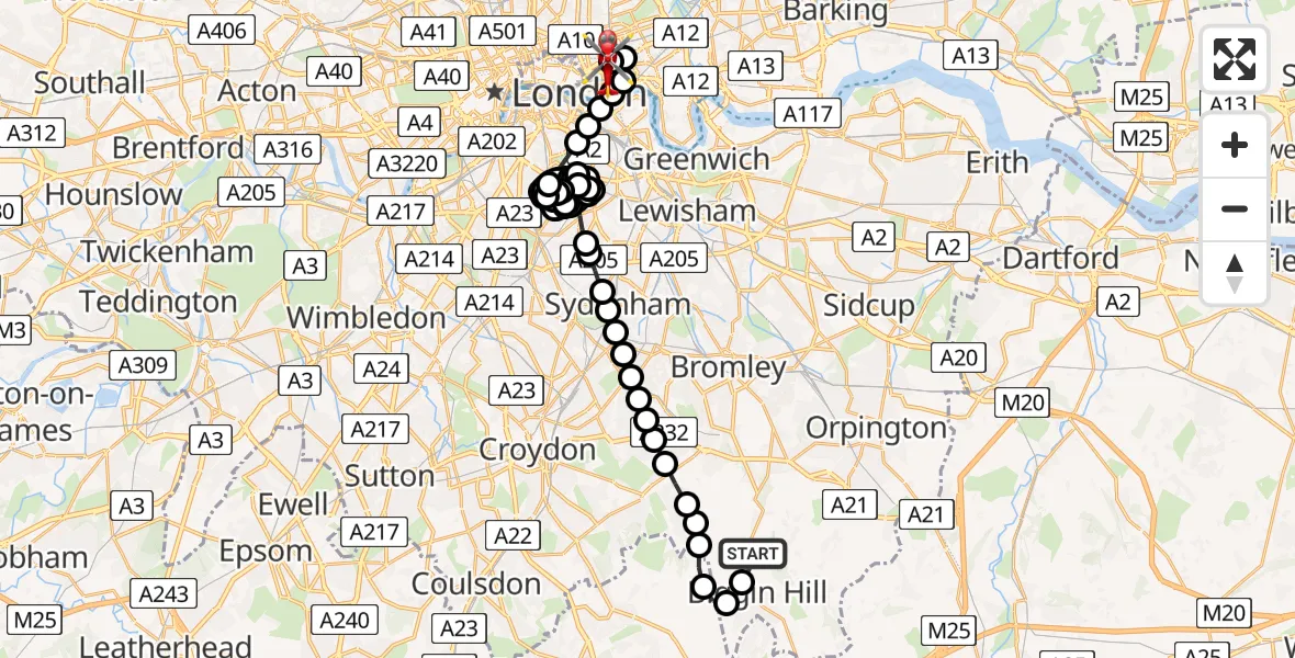 Flight route Air Ambulance Helicopter London Biggin Hill Airport - Royal London Hospital, 26 June 2026, 11:18