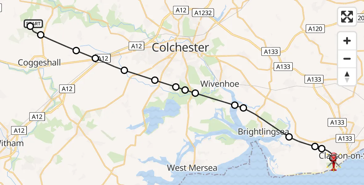 Flight route Air Ambulance Helicopter Earls Colne Airfield - Clacton Airfield, 26 June 2026, 11:23