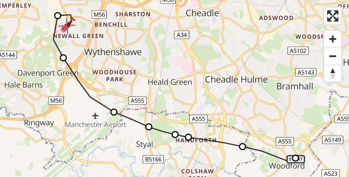Flight route Air Ambulance Helicopter Stockport - Wythenshawe, 26 June 2026, 11:33