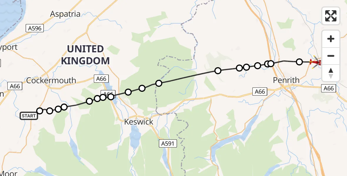 Flight route Air Ambulance Helicopter Ullock - Edenhall, 26 June 2026, 11:38